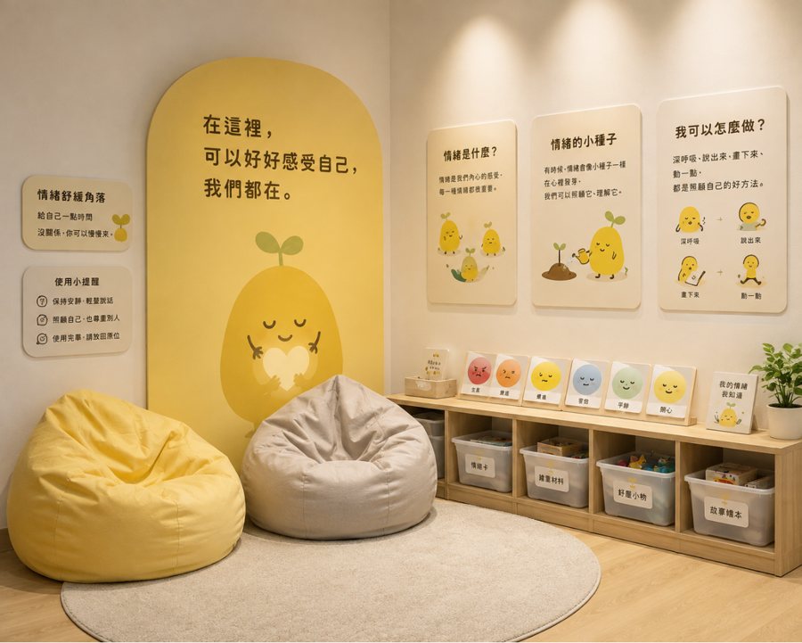 舒緩角落：懶骨頭、圓地毯、情緒卡與小魔法展板
